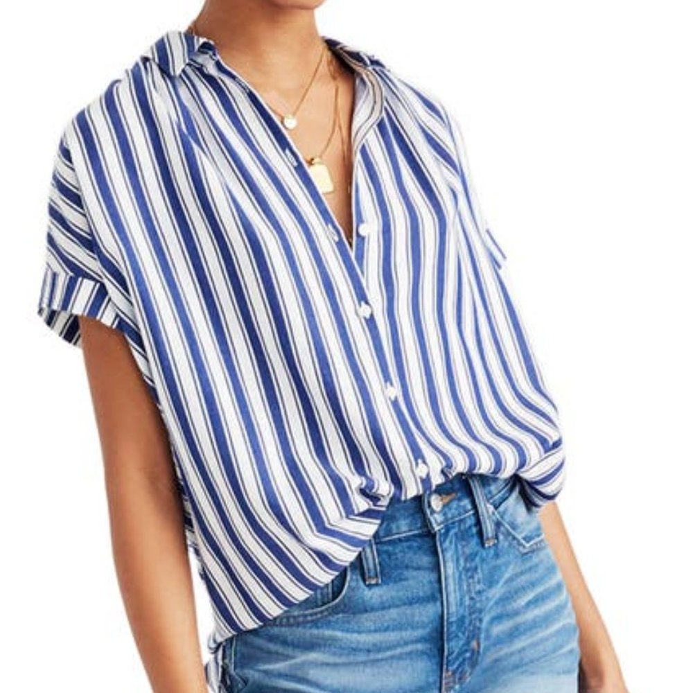 Madewell Navy & White Stripe Central Button Up Top